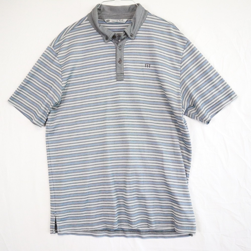 Travis Mathew Polo Shirt Mens Large Golf Casual Blue Gray Striped Short Sleeve